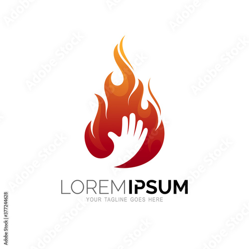 Flame logo and hand care design combination, Fire logo template