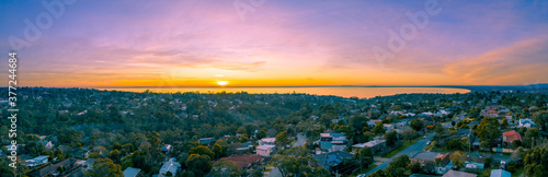 Aerial panorama of Port Phillip Bay and Frankston suburb at sunset in Melbourne, Australia