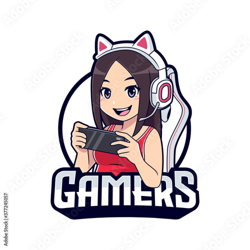 Cute mobile gamer character mascot logo, Gamer girl cartoon esport logo template