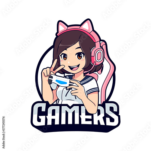 Cute gamer character mascot logo, Gamer girl cartoon esport logo template