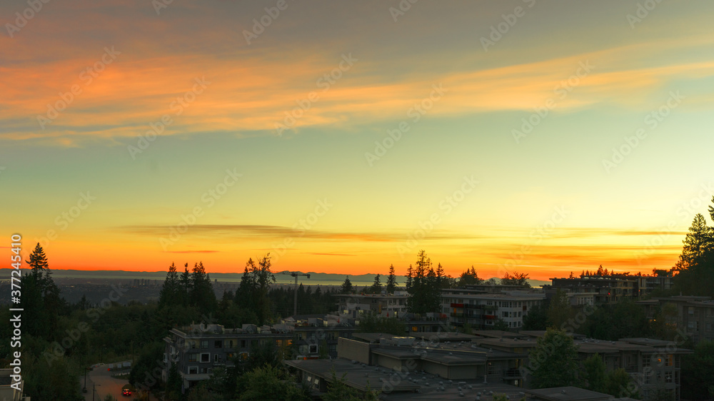 Tranquil residential community at sunset on Burnaby Mountain, BC