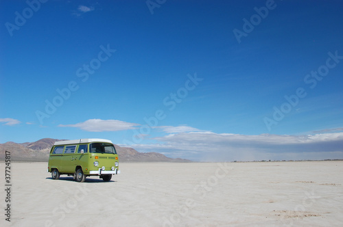 Camper van on a California dry lakebed