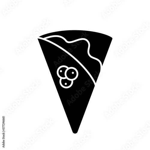 Silhouette Crepe with sauce and berries. Outline icon of thin dessert pancake. Black simple illustration of wrapped triangle of fried dough with topping. Flat isolated vector logo on white background