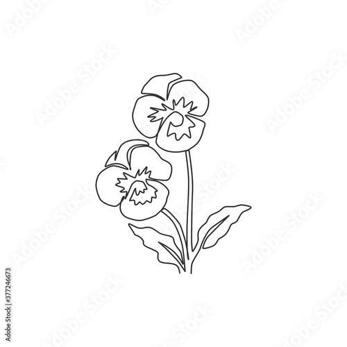 One continuous line drawing beauty fresh violet hybrid plant for home art wall decor print poster. Printable decorative pansy flower for green park. Single line draw design vector graphic illustration