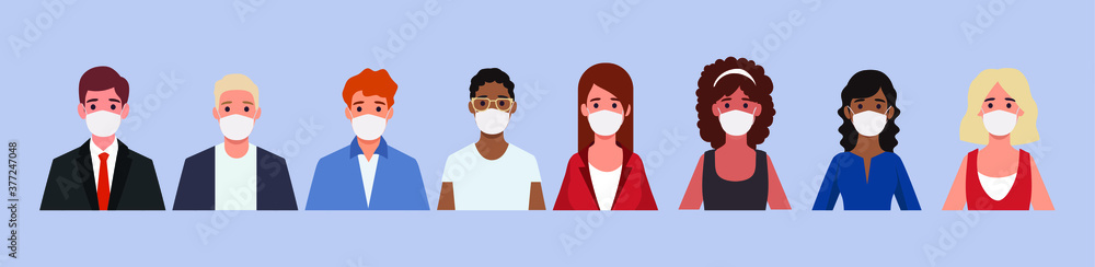 Group of people wearing medical masks to prevent disease, flu, air pollution, contaminated air, world pollution. Corona virus.Vector illustration in a flat style Group of people wearing medical masks to prevent disease, flu, air pollution, contaminated air, world pollution. Corona virus.Vector illustration in a flat style