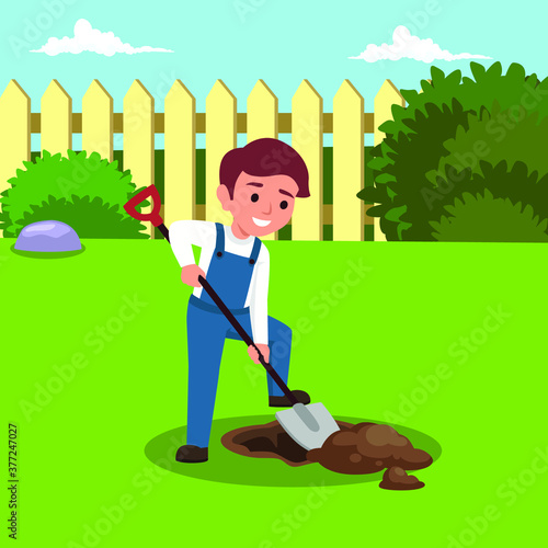 ute little boy digging hole with shovel vector cartoon illustration at his backyard