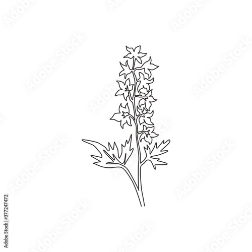 Single one line drawing beauty fresh larkspur for garden logo. Decorative of  perennial delphinium concept for home wall decor art poster print. Modern continuous line draw design vector illustration