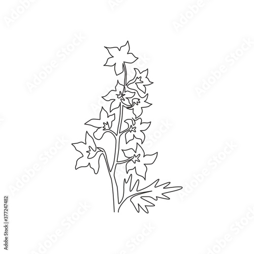 One continuous line drawing beauty fresh larkspur for home decor wall art poster print. Decorative perennial flower delphinium for wedding invitation card. Single line draw design vector illustration