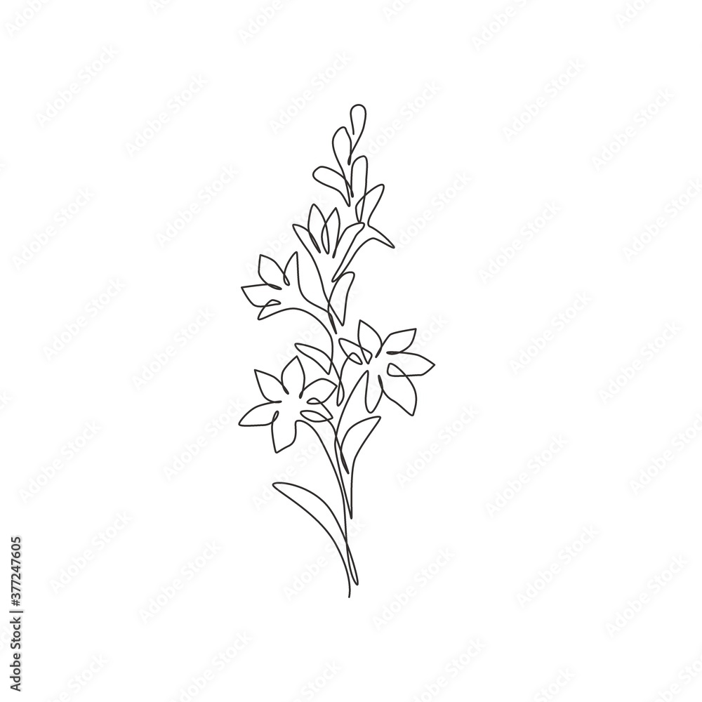 One continuous line drawing beauty fresh polianthes tuberosa for home decor art wall poster print. Decorative tuberose flower concept for invitation card. Single line draw design vector illustration