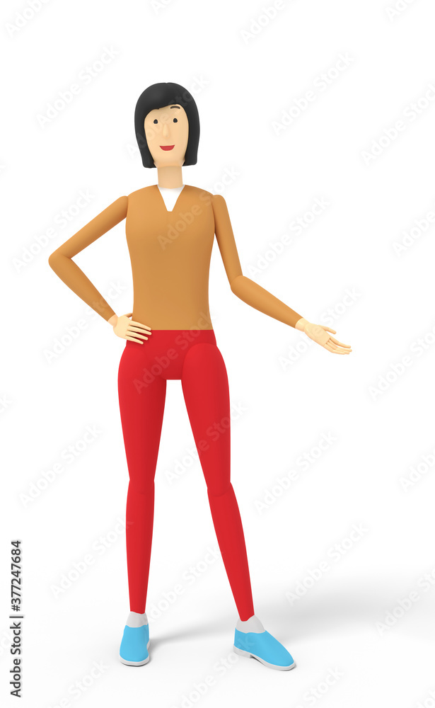 Young shapely woman stands and shows aside with a hand. White background. 3d illustration Young shapely woman stands and shows aside with a hand. White background. 3d illustration