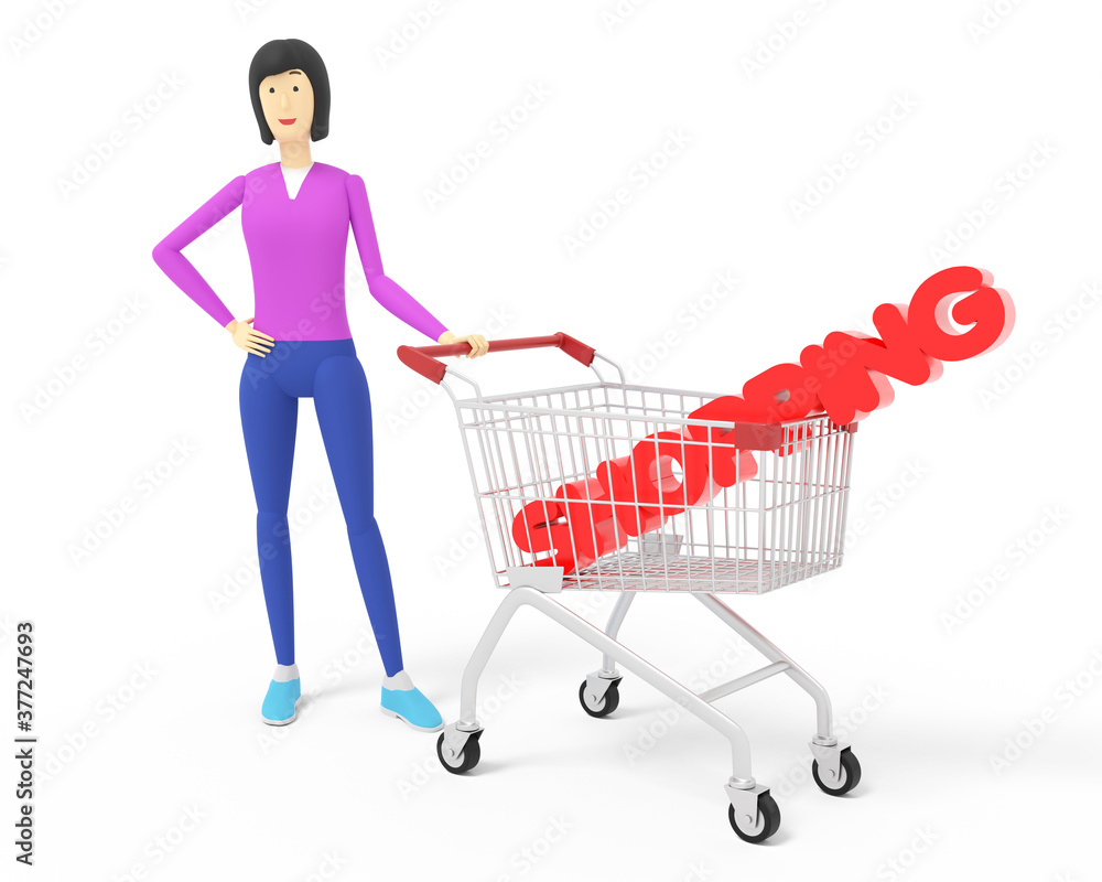 Young woman stands with a shop trolley. Concept of shopping. White background. 3d illustration Young woman stands with a shop trolley. Concept of shopping. White background. 3d illustration