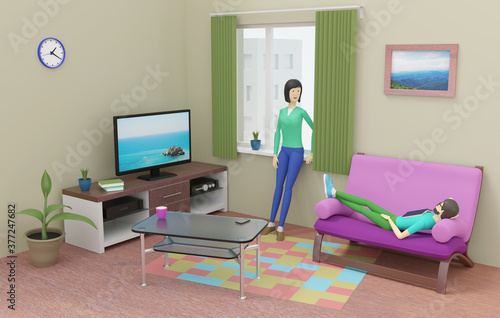 Woman standing near the window and a man lying on a sofa in the living room. 3d illustration © Alex_Po