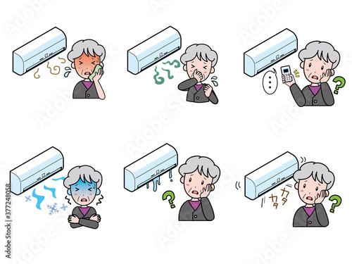 エアコンのトラブルに困っているおばあさんのイラストセット