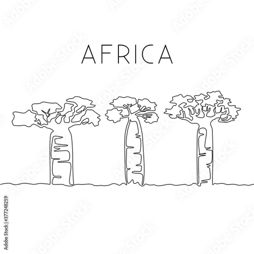 One continuous line drawing of big baobab tree. Decorative adansonia digitata plant for home wall decor art poster print. Travel vacation concept. Trendy single line draw design vector illustration