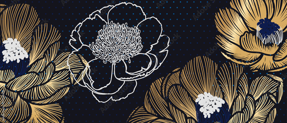 Navy blue abstract floral background with golden metallic deco Stock ...