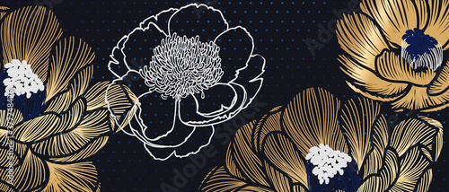 Navy blue abstract floral background with golden metallic deco