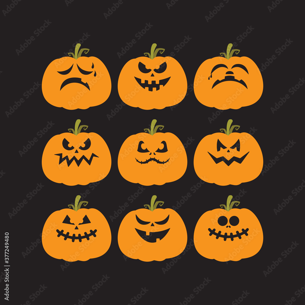 collection of flat pumpkins with scary faces. Autumn holidays. Halloween Pumpkins. Vector illustration EPS10. collection of flat pumpkins with scary faces. Autumn holidays. Halloween Pumpkins. Vector illustration EPS10.