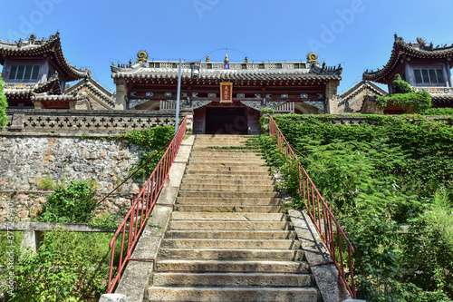 Donggang City, Liaoning Province, China: August 18, 2019: Ancient Chinese temple buildings in Dagushan, Donggang City, Liaoning Province, China