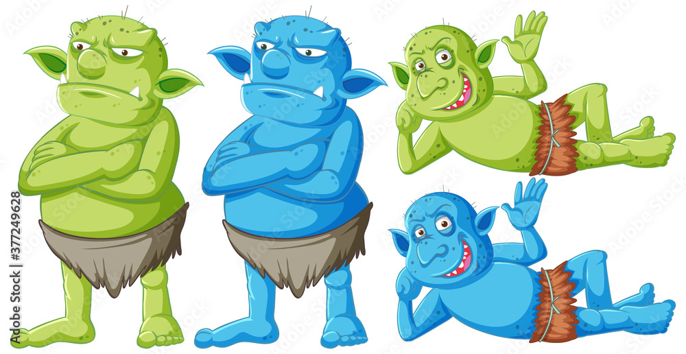 Set of green and blue goblin or troll standing and lying with different faces in cartoon character isolated