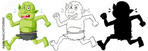 Goblin or troll holding in color and outline and silhouette in cartoon character on white background