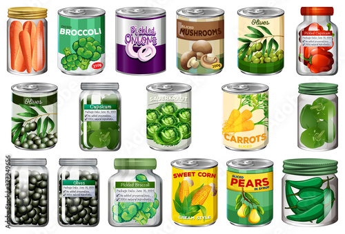 Set of different canned food and food in jars isolated