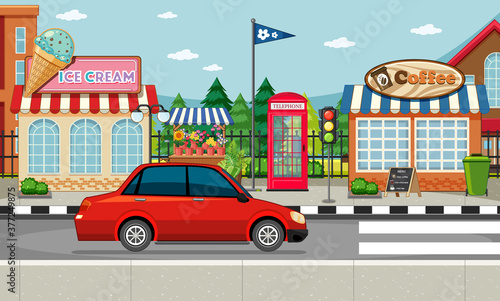 Street side scene with ice cream shop and coffee shop and red car on the street scene © blueringmedia