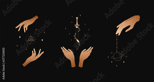 Set of female hands. Witch magic and occult collection. Different vector hand gestures with sword, stars and crystal. Abstract logo for tarot cards, logo, tattoo, spiritual poster.