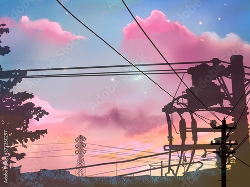 Silhouette of electric pole and cables in purple clouds and night sky