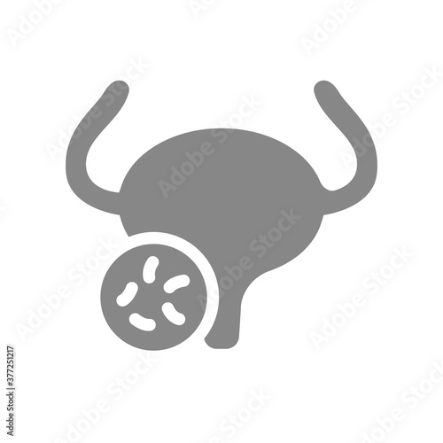 Urinary bladder with bacteria gray icon. Diseased internal organ, cystitis symbol