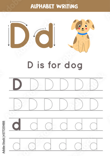 D is for dog. Tracing English alphabet worksheet.