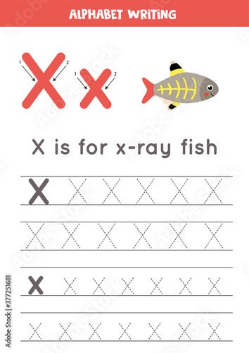 Tracing alphabet letter X with cute cartoon x ray fish.