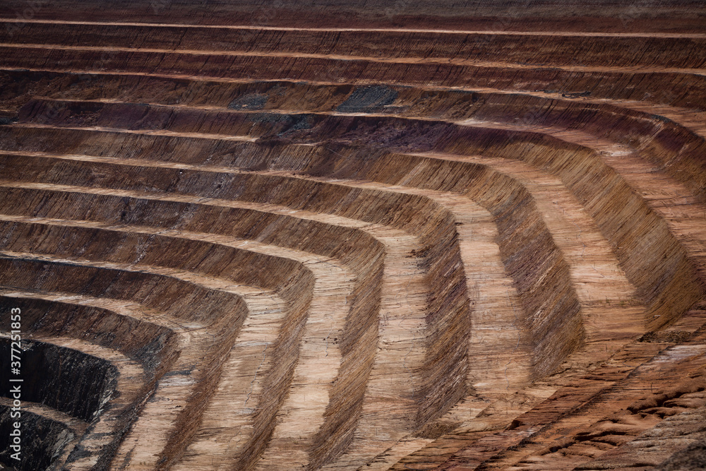 Terraces in open cast mine in New South Wales, Australia. Barrick Cowal Gold Mine. Pit steps.