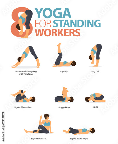8 Yoga poses or asana posture for workout in standing worker concept. Women exercising for body stretching. Fitness infographic. Flat cartoon vector.
