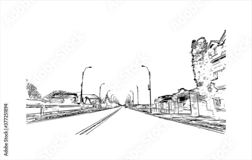 Building view with Landmark of Bacau is the main city in Bacau County, Romania. Hand drawn sketch illustration in vector.
