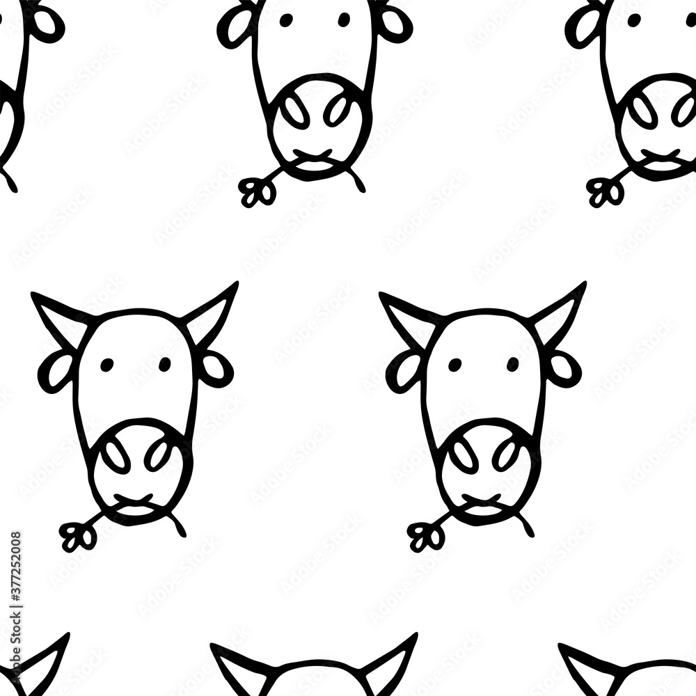 Seamless pattern with cow's head. Vector hand drawn illustration. Upcoming new year, the year of the bull.