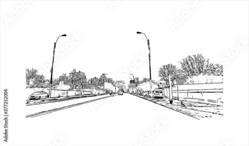 Building view with Landmark of Bacau is the main city in Bacau County, Romania. Hand drawn sketch illustration in vector.