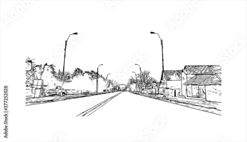 Building view with Landmark of Bacau is the main city in Bacau County, Romania. Hand drawn sketch illustration in vector.