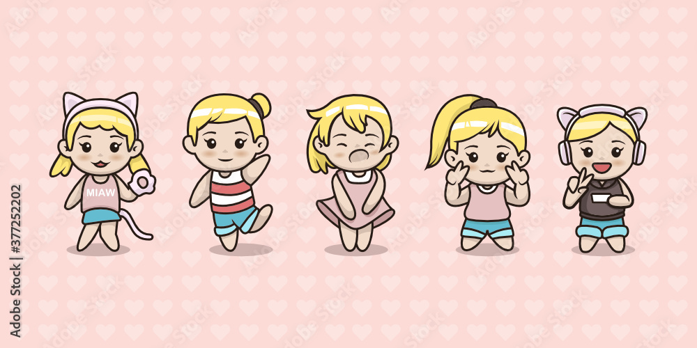 Set of cute kawaii girl mascot design Set of cute kawaii girl mascot design