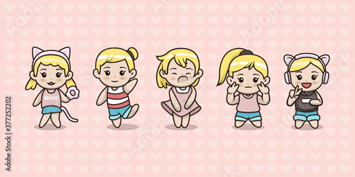 Set of cute kawaii girl mascot design