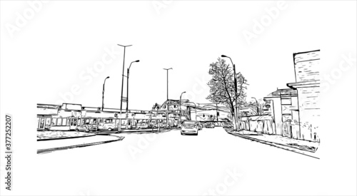 Building view with Landmark of Bacau is the main city in Bacau County, Romania. Hand drawn sketch illustration in vector.