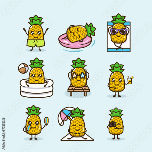 set of pineapples fruit mascot design