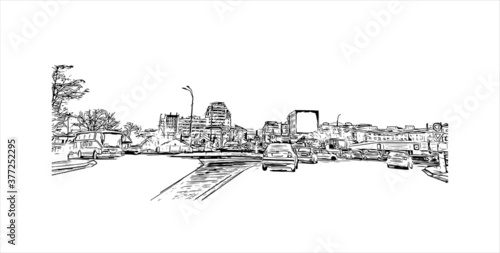 Building view with Landmark of Bacau is the main city in Bacau County, Romania. Hand drawn sketch illustration in vector.