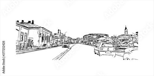 Building view with Landmark of Bacau is the main city in Bacau County, Romania. Hand drawn sketch illustration in vector.