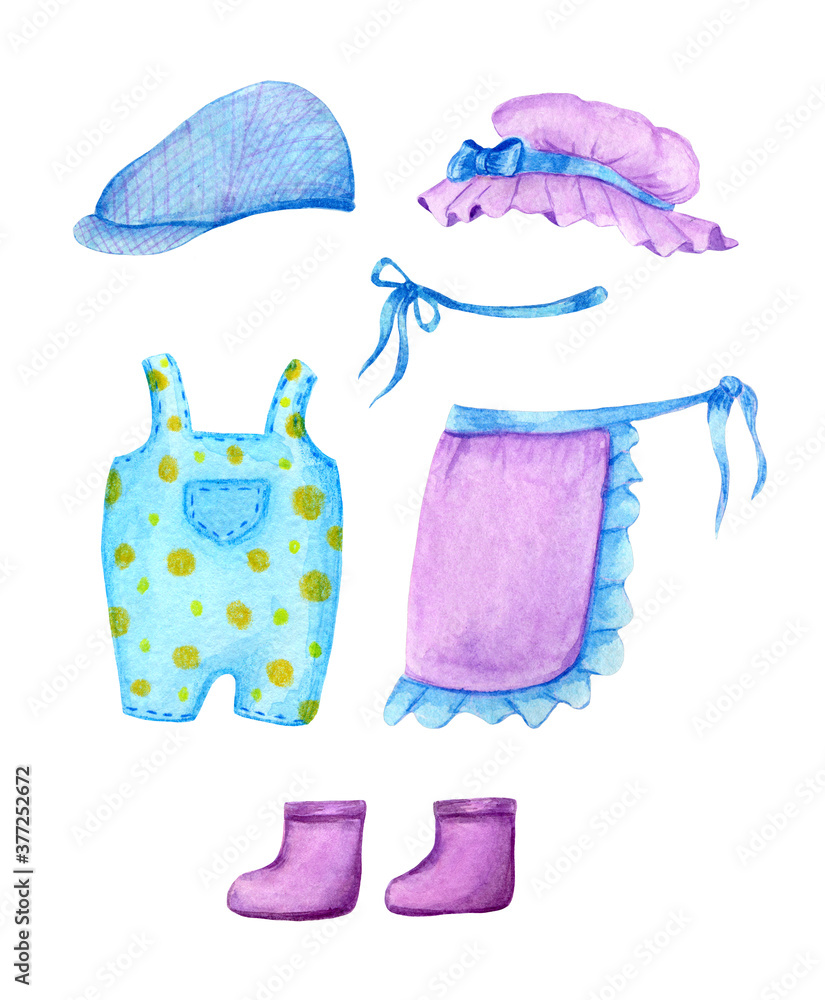 Clipart garden clothes in watercolor in lilac and blue colors. Seth children's illustration apron, boots, hat, cap, overalls.
