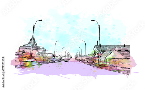 Building view with Landmark of Bacau is the main city in Bacau County, Romania. Watercolor splash with hand drawn sketch illustration in vector.