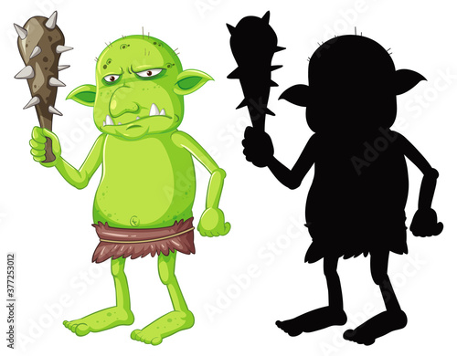 Goblin or troll holding hunting tool in color and silhouette in cartoon character on white background