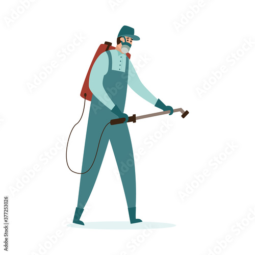 Pest control exterminator spraying toxic spray flat vector illustration isolated.