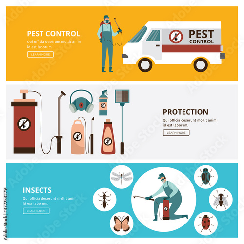 Pest and insects control banners or flyers set flat vector illustration.