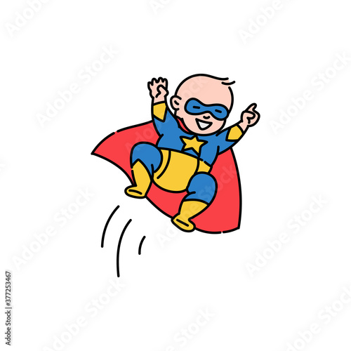 Superhero baby character in comic costume sketch vector illustration isolated.