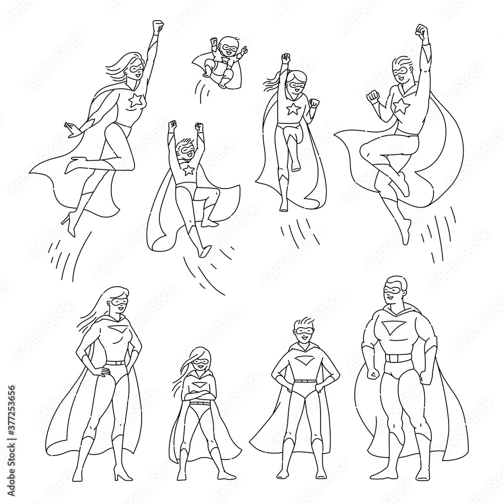 Superhero family characters in outline style set vector illustration isolated. Superhero family characters in outline style set vector illustration isolated.